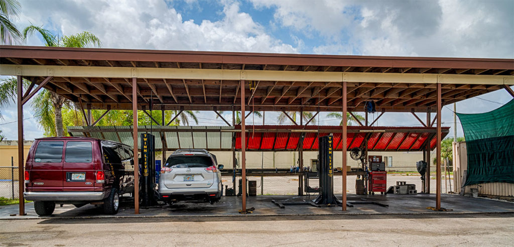 A view of the outside services bays of Davie Garage, this web page offers Car Repair Testimonials by our customers